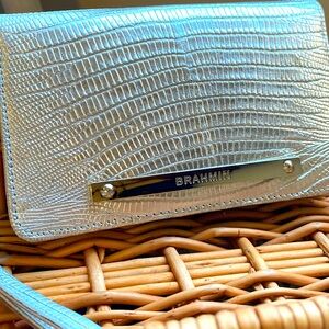 Brahmin Wristlet Wallet Silver Metallic Leather croc embossed evening clutch